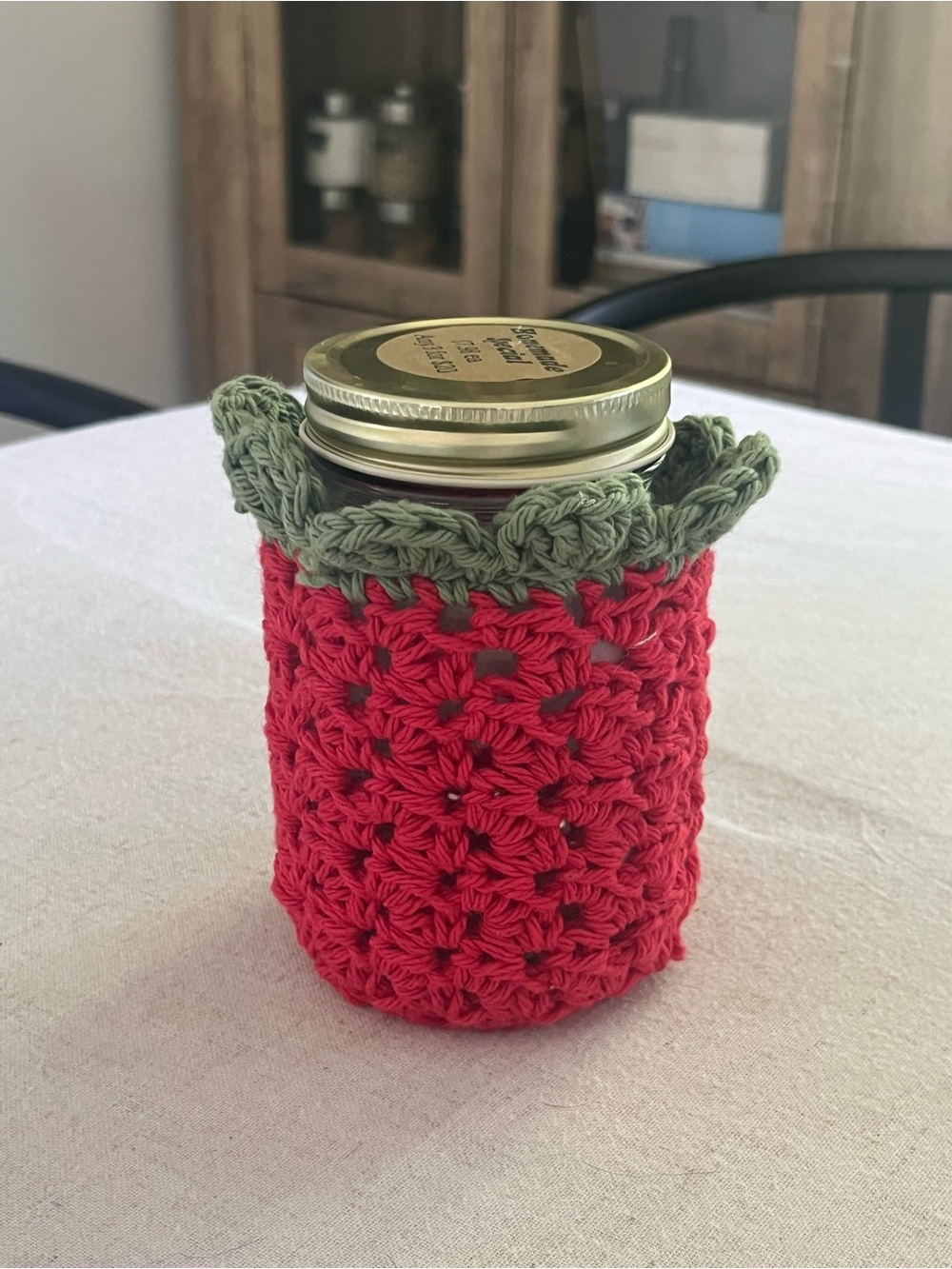 Handmade Crochet Strawberry Mason Jar Cover Cozy – Red & Green